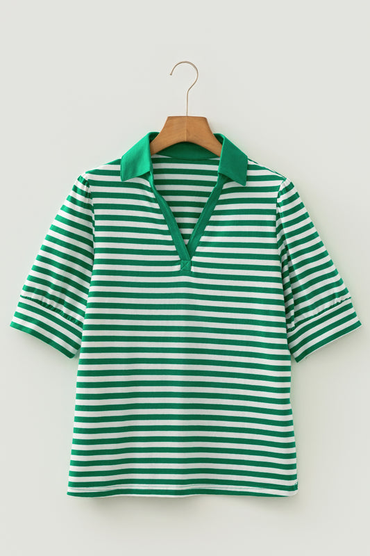 Stripe Collared V-Neck Short Puff Sleeve Top