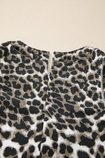 Leopard Denim Pleated Sleeveless Romper