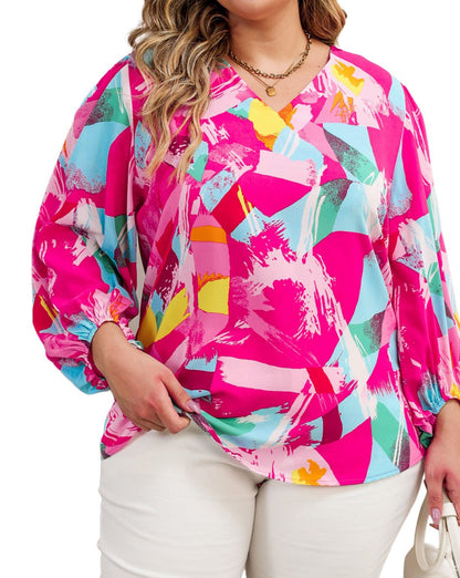 Abstract Puff Sleeve Blouse Plus Size