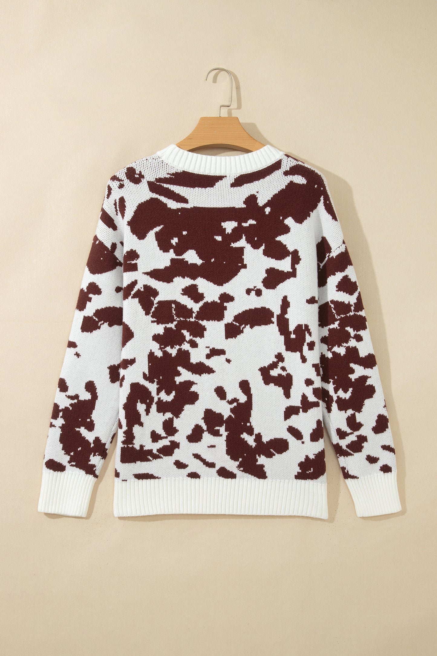 Western Cow Print Ribbed Round Neck Sweater