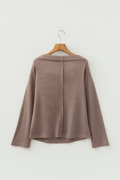 Solid Waffle Knit Asymmetric Neck Long Sleeve Top