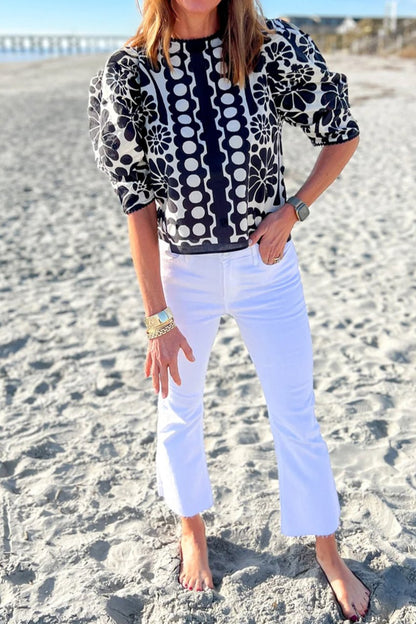 Geometric Floral Puff Sleeve Blouse