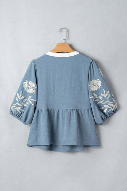 Floral Embroidered Colorblock Puff Sleeve Babydoll Blouse