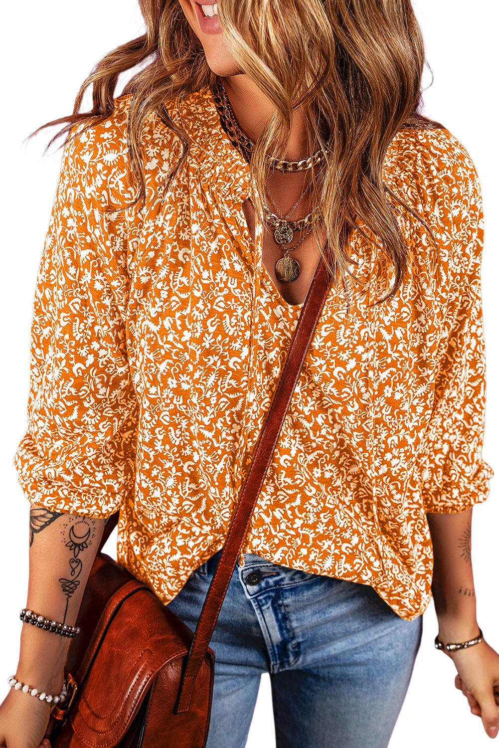 Floral Smocked Tie Neck Blouse