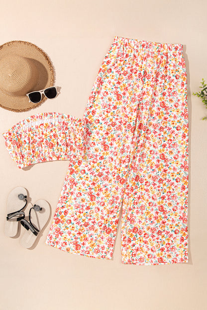Floral Bandeau Top and Wide Leg Pants Set