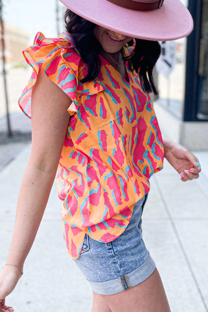 Abstract Flutter Sleeve V-Neck Blouse