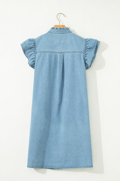 Solid Denim Frilled Ruffle Sleeve Buttoned Mini Dress