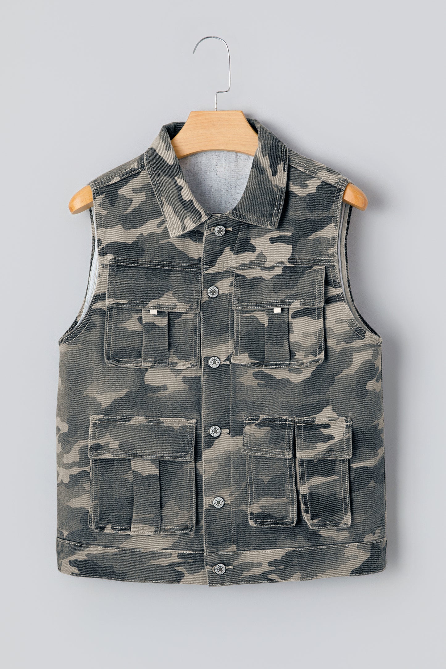 Camo Denim Cargo Pocket Buttoned Vest