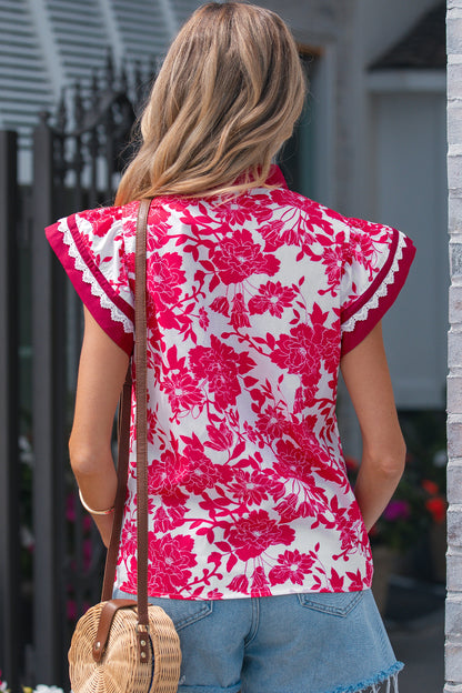 Floral Colorblock Lace V-Neck Flutter Sleeve Blouse