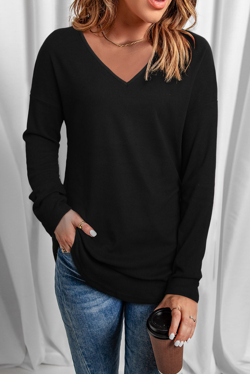 Solid V-Neck Long Sleeve Top