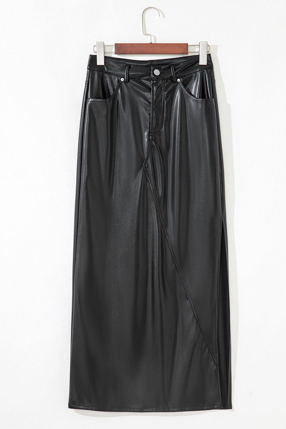 Solid Faux Leather Side Slit Maxi Skirt