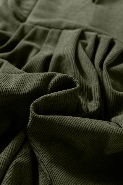 Moss Green Bracelet Sleeve Split Neck Scallop Detail Pleated Corduroy Mini Dress