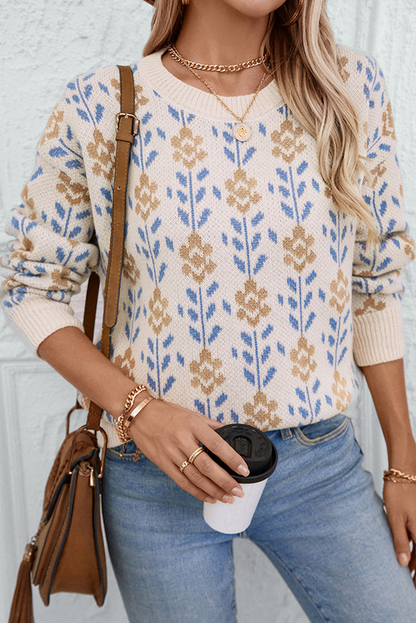 Floral Ribbed Trim Crewneck Sweater