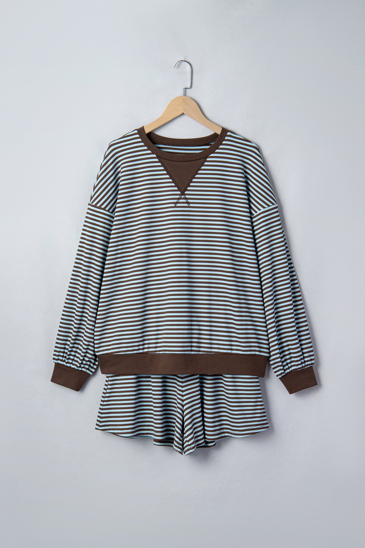 Plus Size Stripe Long Sleeve Top & Drawstring Shorts Set