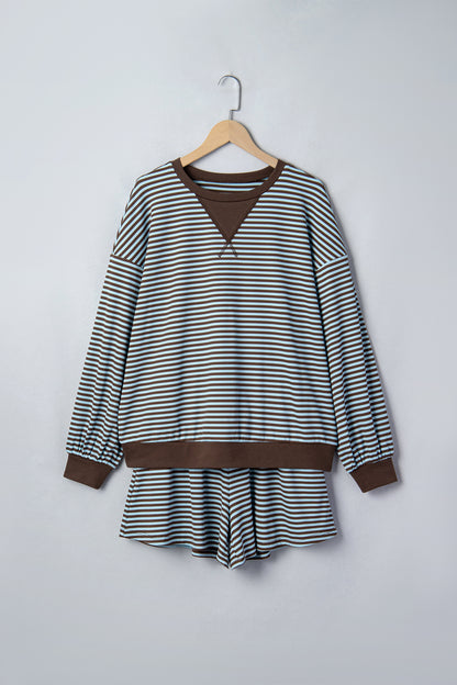 Plus Size Stripe Long Sleeve Top & Drawstring Shorts Set