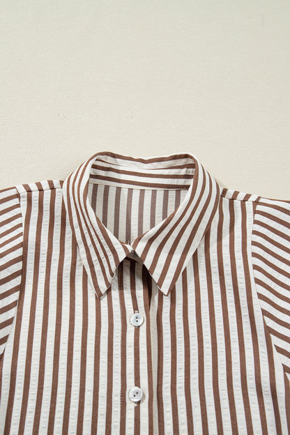 Stripe Tie Waist Puff Sleeve Mini Shirt Dress