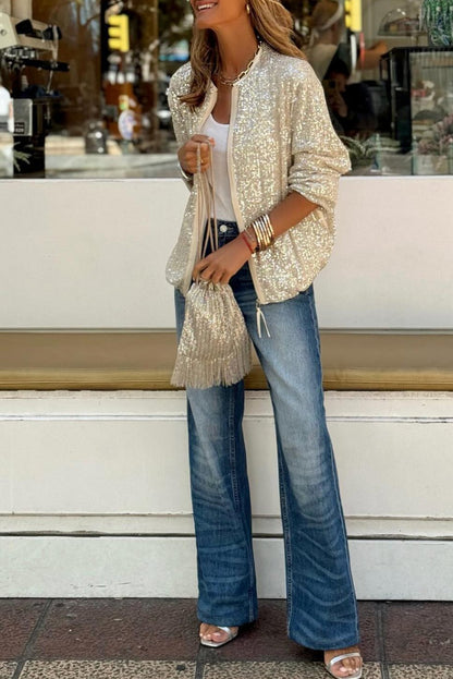 Sequin Round Neck Zipped Jacket