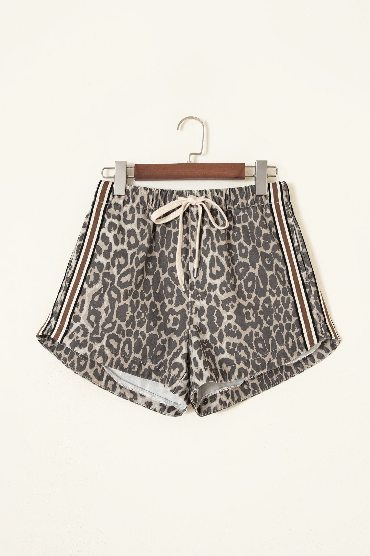 Leopard Stripe Detail Drawstring Denim Shorts