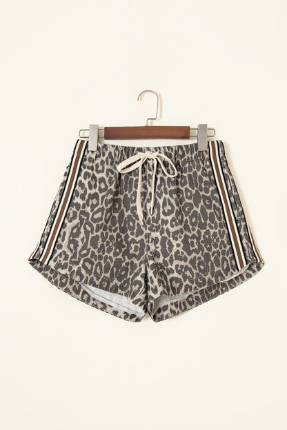 Leopard Stripe Detail Drawstring Denim Shorts