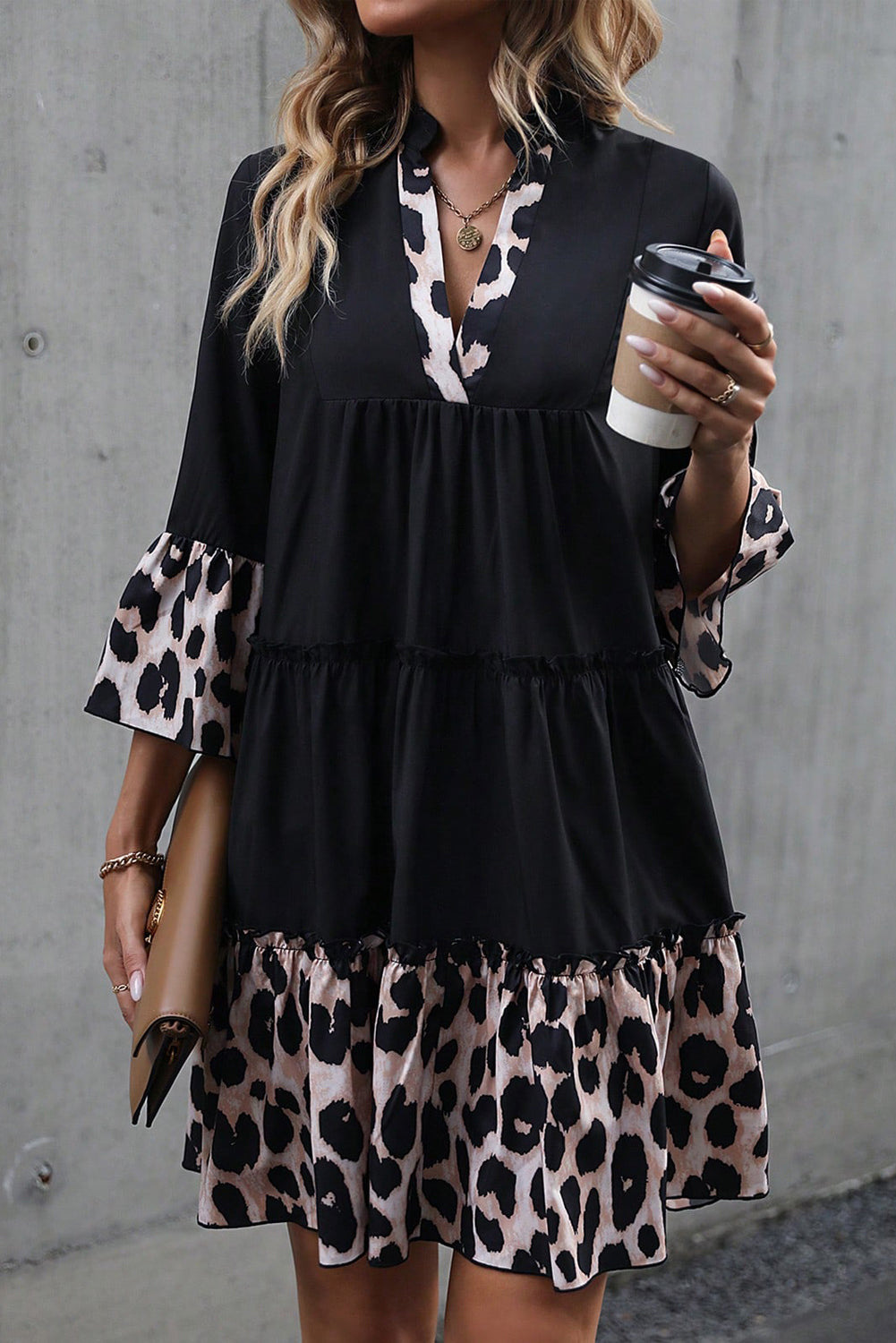 Leopard Trim V Neck Flared Dress