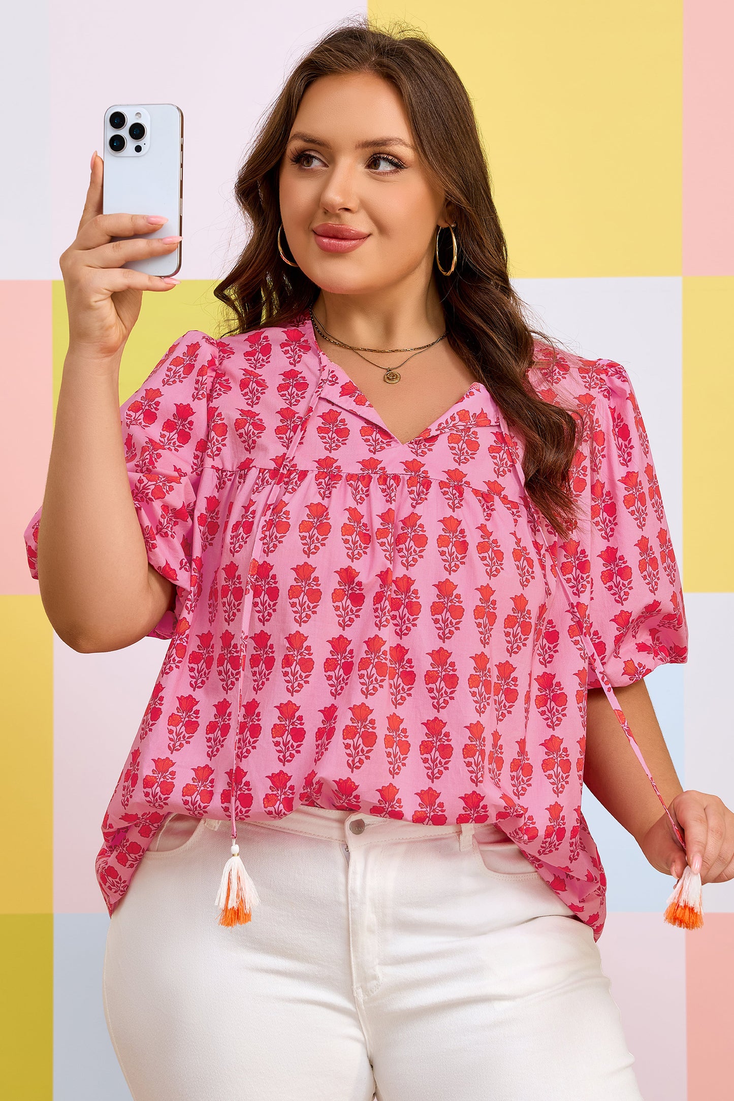 Plus Size Floral Tassel Tie Puff Sleeve Blouse