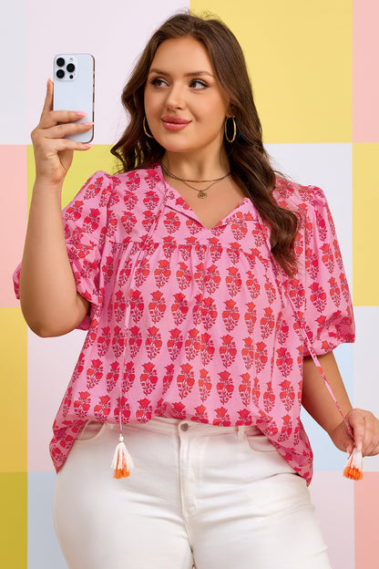 Plus Size Floral Tassel Tie Puff Sleeve Blouse