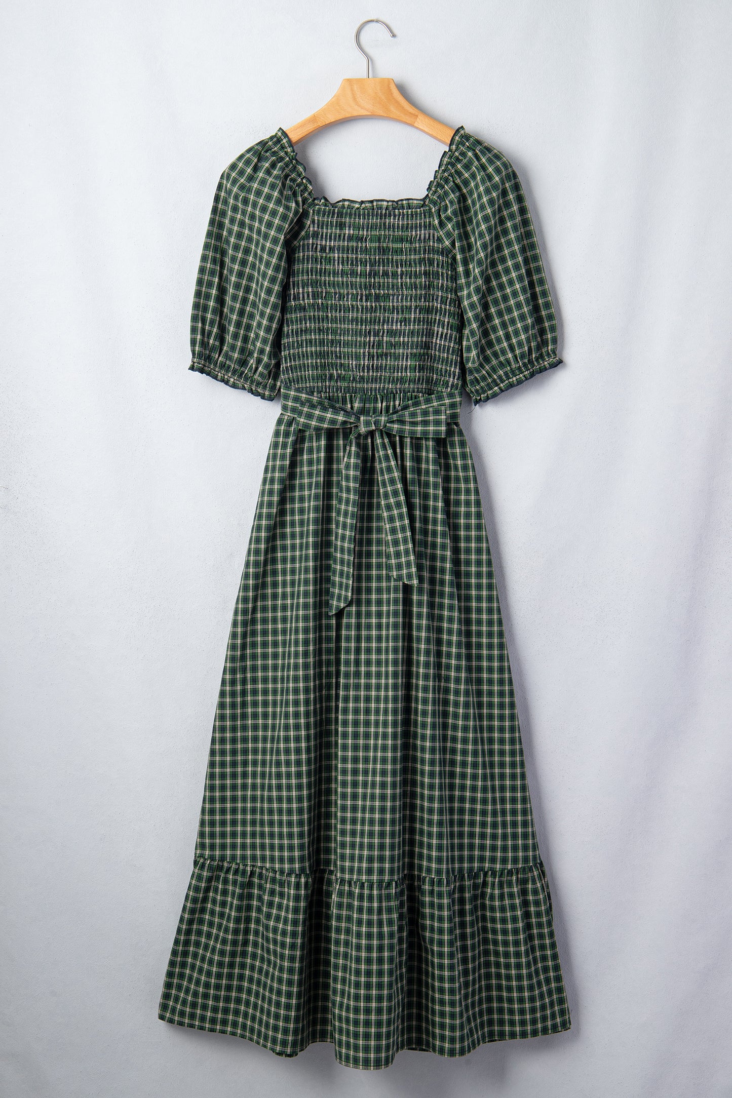 Plaid Shirred High Waist Square Neck Ruffle Hem Dress