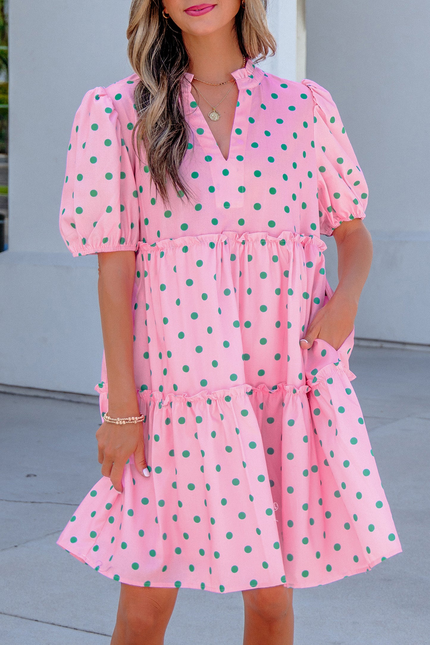 Polka Dot V-Neck Short Sleeve Tiered Mini Dress
