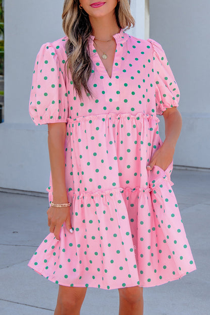 Polka Dot V-Neck Short Sleeve Tiered Mini Dress