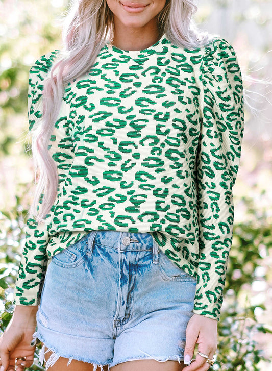 Leopard Mock Neck Puff Sleeve Top