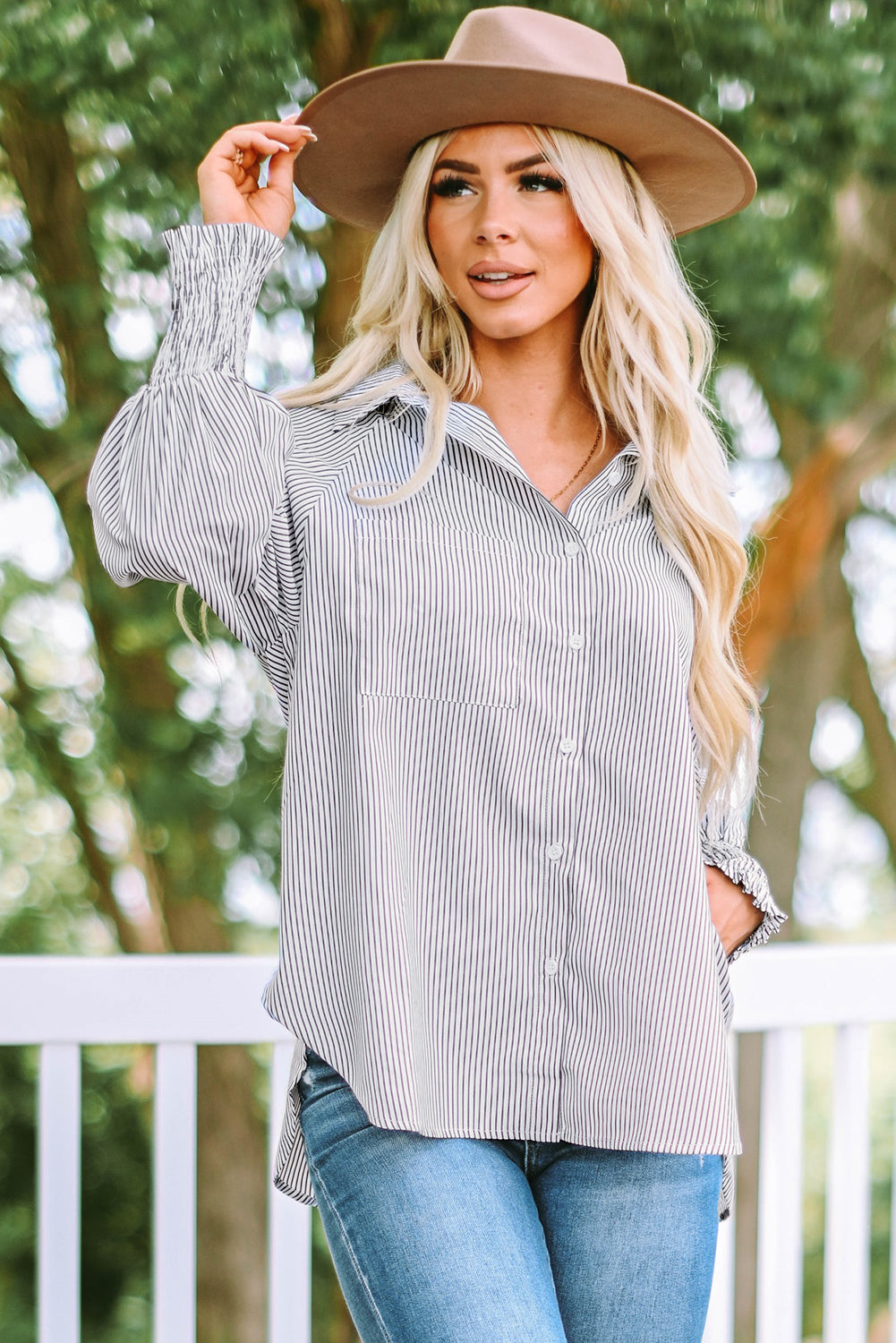 Stripe Smocked Long Sleeve Button-Up Shirt