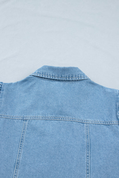 Denim Short Puff Sleeve Ruffle Hem Buttoned Dress