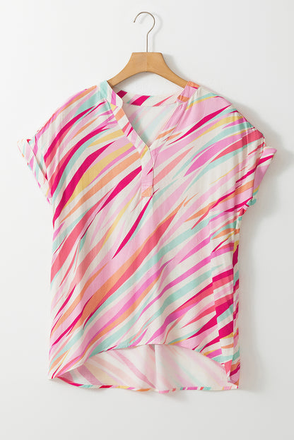 Abstract High Low Short Sleeve Blouse