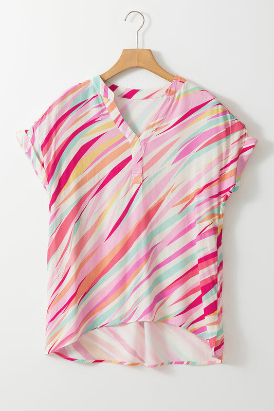 Abstract High Low Short Sleeve Blouse