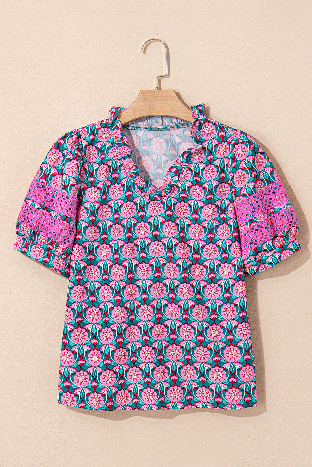 Floral Abstract V-Neck Ruffle Puff Sleeve Top