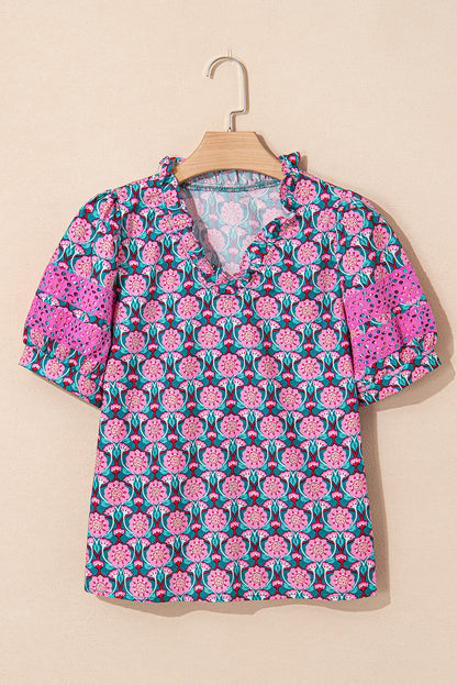 Floral Abstract V-Neck Ruffle Puff Sleeve Top