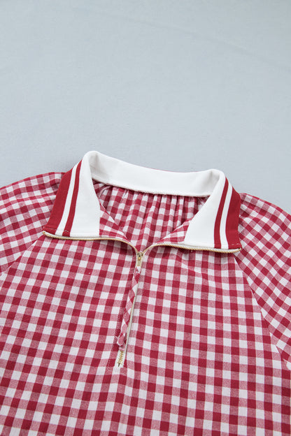 Gingham Stripe Patchwork Half Zip Collared Blouse