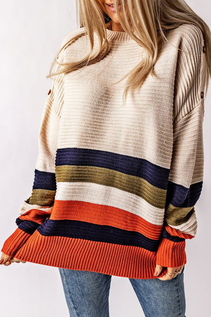 Stripe Buttoned Drop Shoulder Sweater