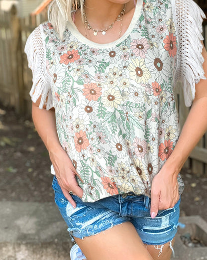 Floral Colorblock Crochet Fringe Top