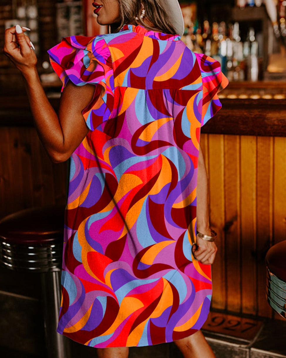 Abstract Ruffle Sleeve Shirt Dress