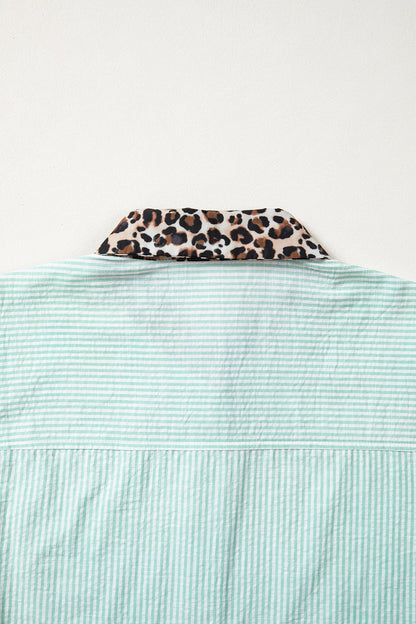 Stripe Leopard Contrast Collar Short Sleeve Shirt