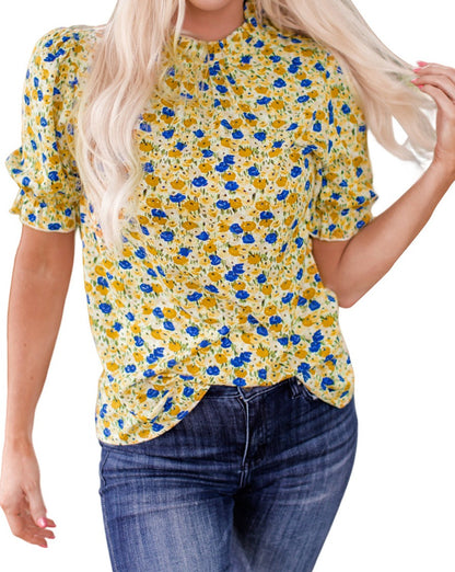 Floral Frill Mock Neck Blouse