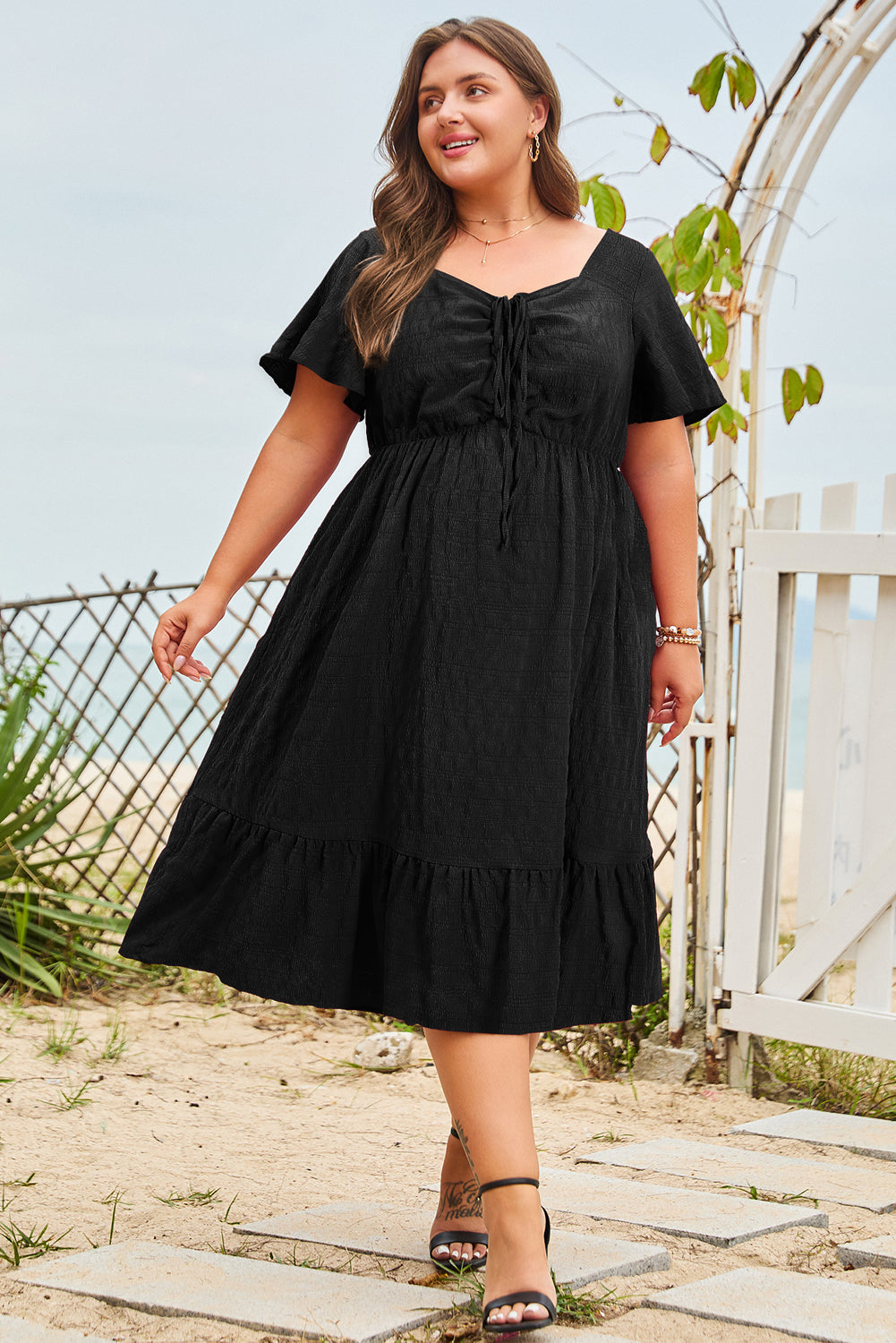 Plus Size Ruched Lace-Up Short Sleeve Midi Dress