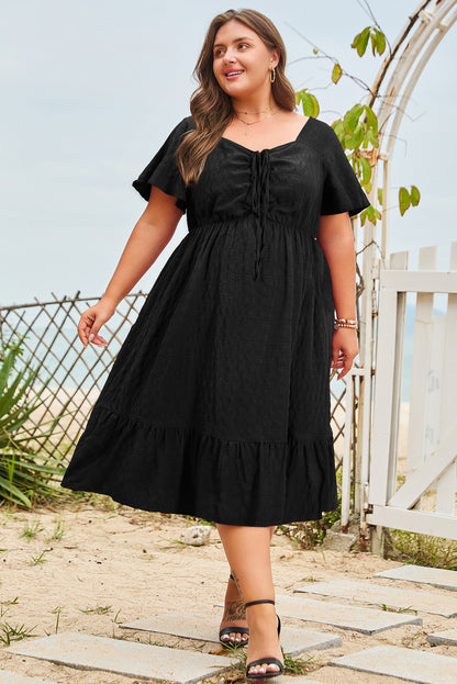 Plus Size Ruched Lace-Up Short Sleeve Midi Dress