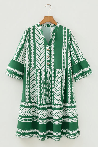 Boho Geometric Stripe Half Buttoned Dress