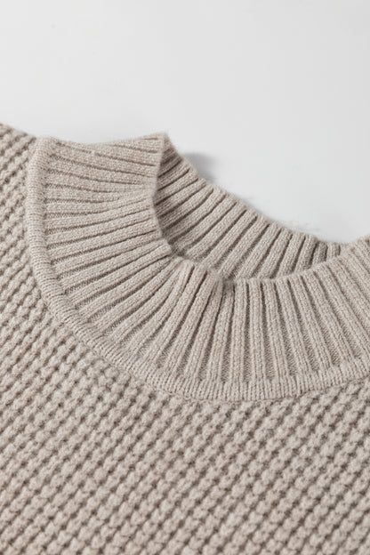Waffle Knit Ribbed High Neck Drop Shoulder Sweater