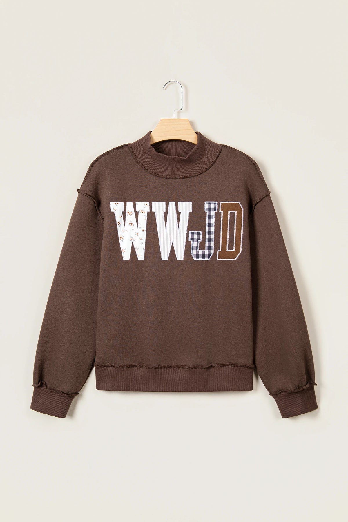 WWJD Embroidered Patchwork Mock Neck Sweatshirt