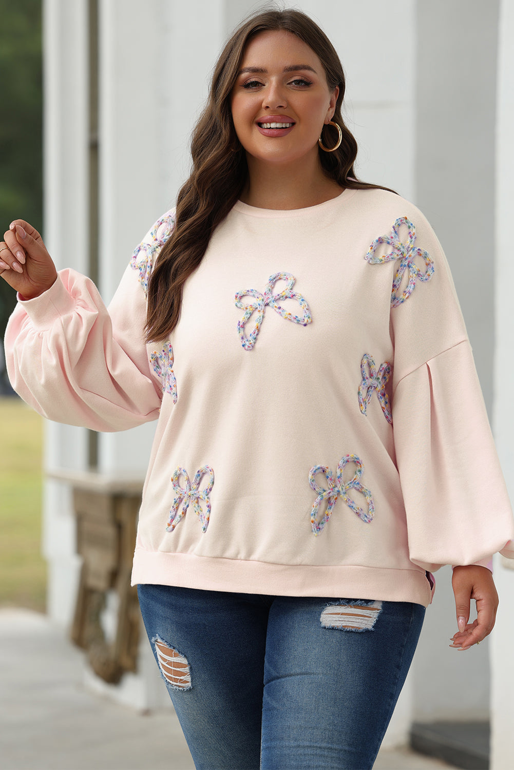 Valentine Bow Embroidered Lantern Sleeve Sweatshirt