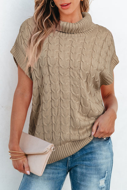 Cable Knit Turtleneck Batwing Short Sleeve Sweater