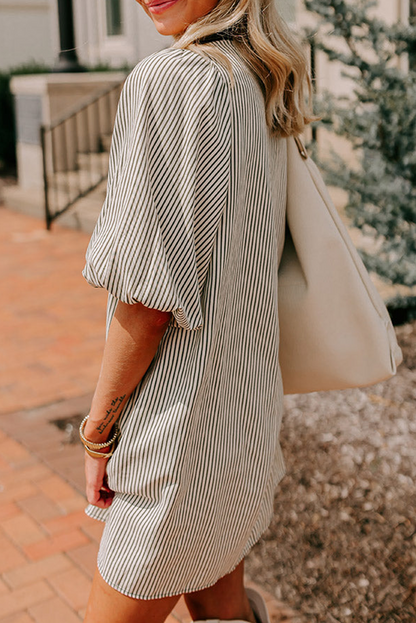 Stripe Puff Sleeve Buttoned Dress